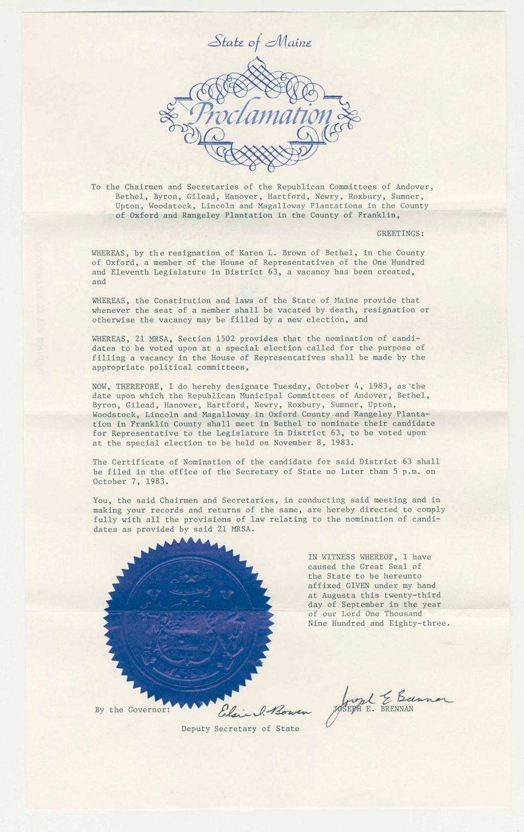 Miniature of Nomination for Election due to the resignation of Karen L. Brown (Bethel)