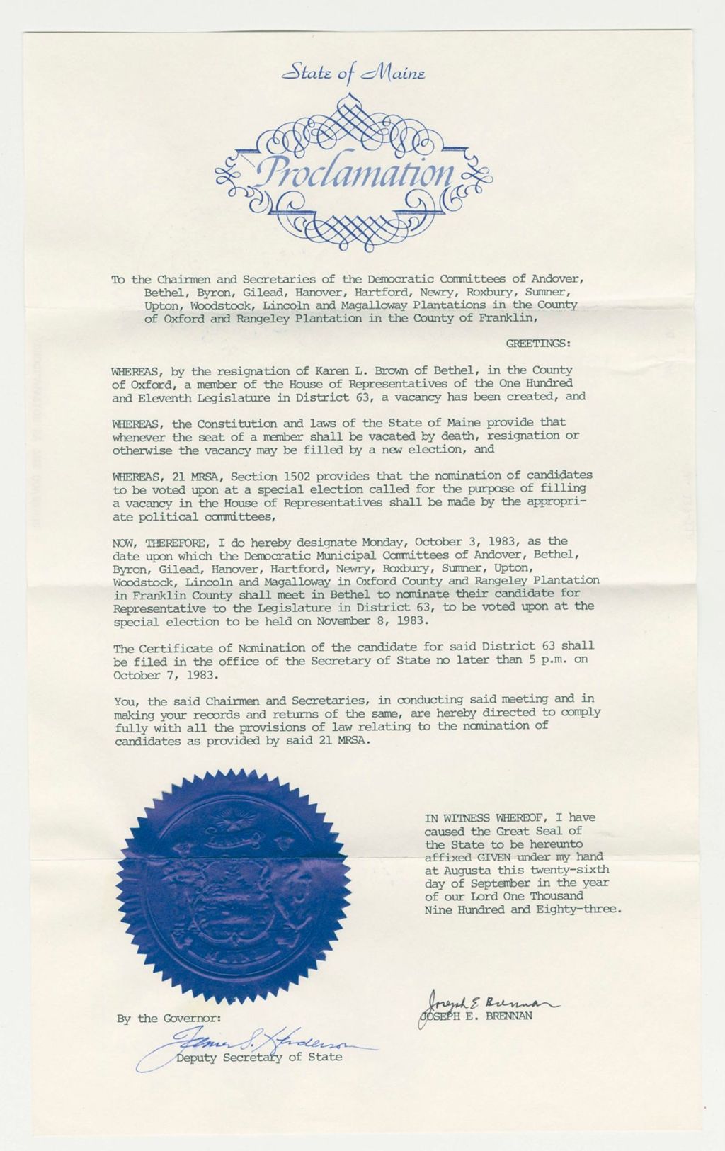 Miniature of Nomination for Election due to the resignation of Karen L. Brown (Bethel)