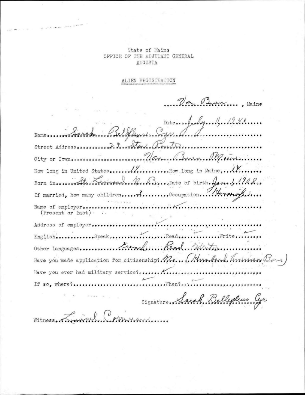 Miniature of Alien Registration- Bellefleur, Sarah (Van Buren, Aroostook County)