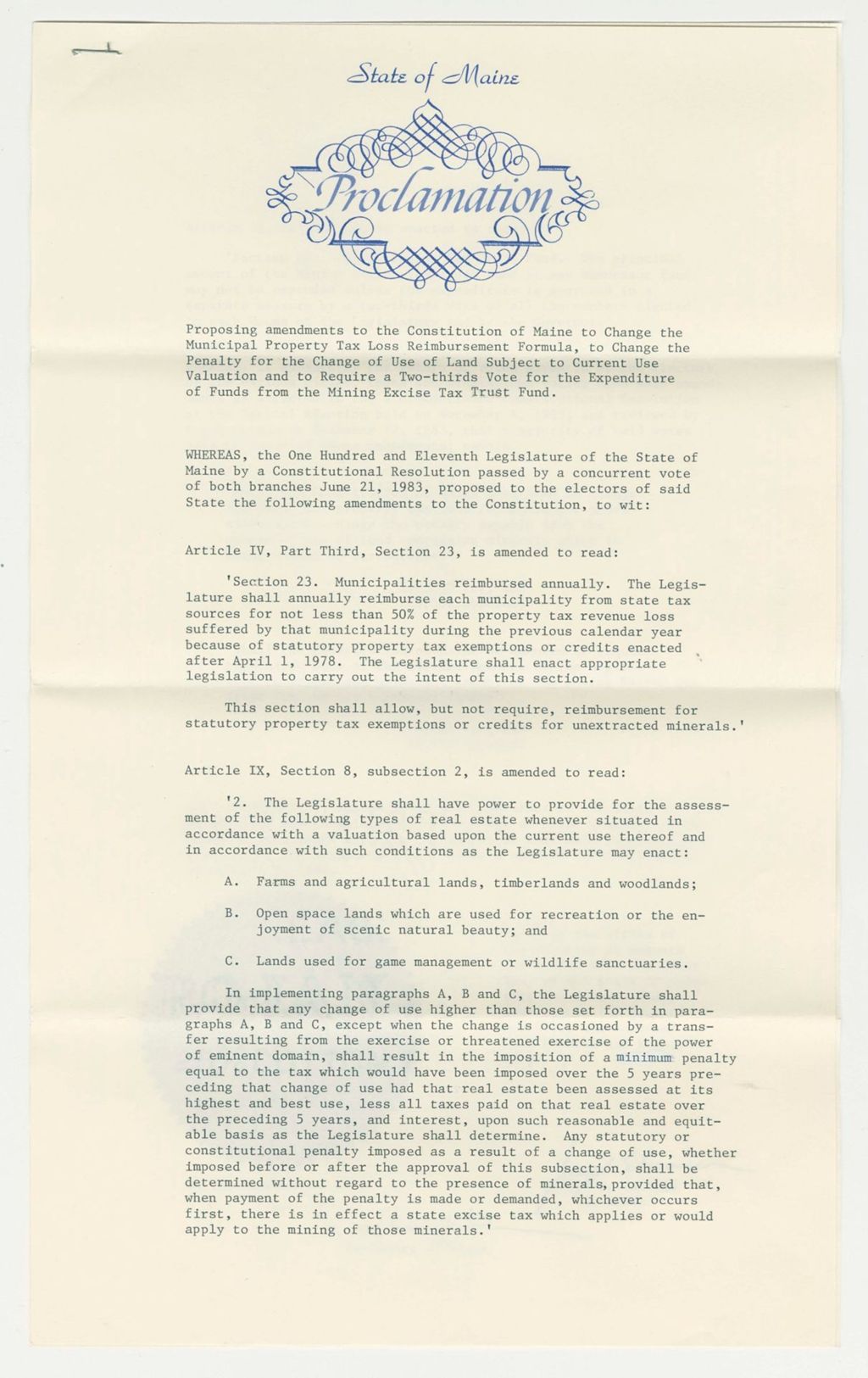 Miniature of Acceptance of Amendment to Change Municipal Property Tax Reimbursment, Penalty for Change of Use of Land