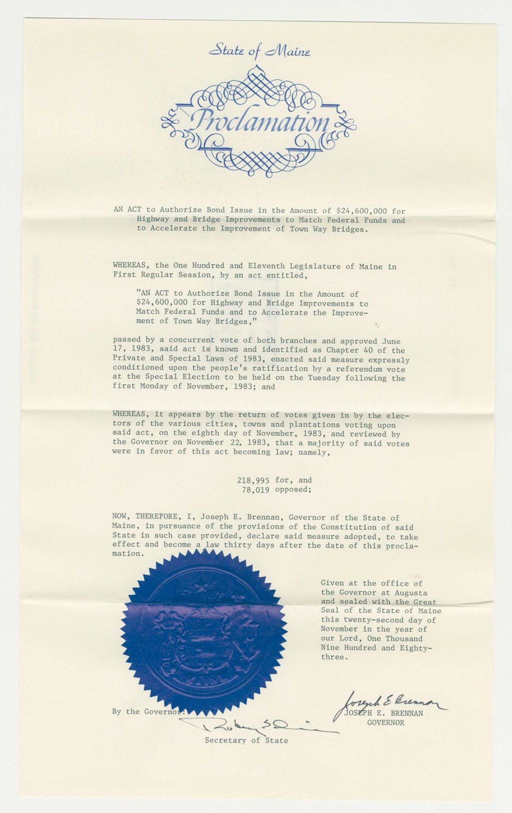 Miniature of Acceptance of an Act to Authorize Bond Issue in the Amount of $24,6000,000 for Highway and Bridge Improvements to Match Federal Funds and to Accelerate the Improvement of Town Way Bridges