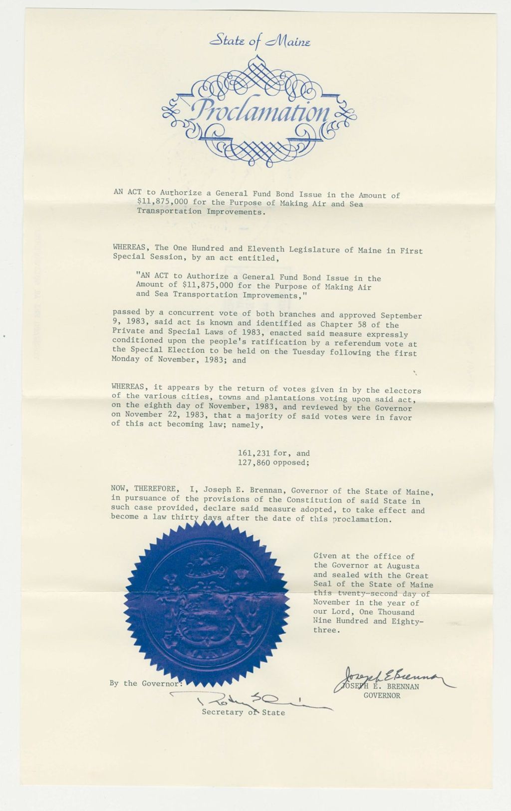 Miniature of Acceptance of an Act to Authorize a General Fund Bond Issue in the Amount of $11, 875,000 for the Purpose of Making Air and Sea Transportation Improvements