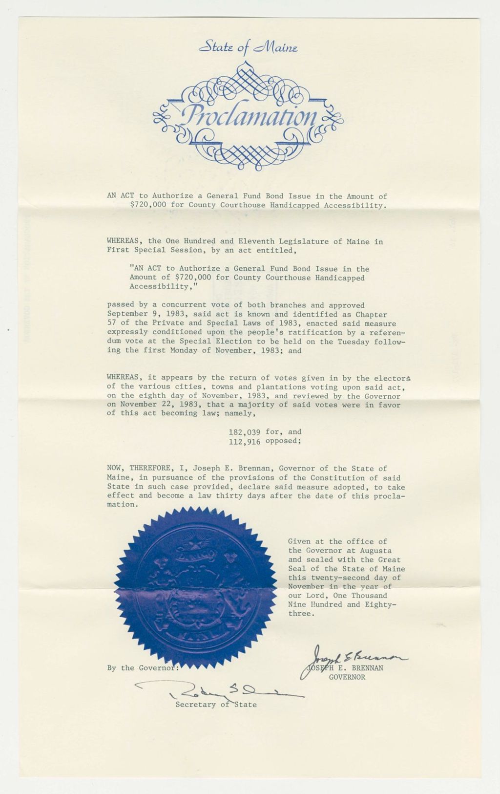 Miniature of Acceptance of an Act to Authorize a General Fund Bond Issue in the Amount of $720,000 for County Courthouse Handicapped Accessibility