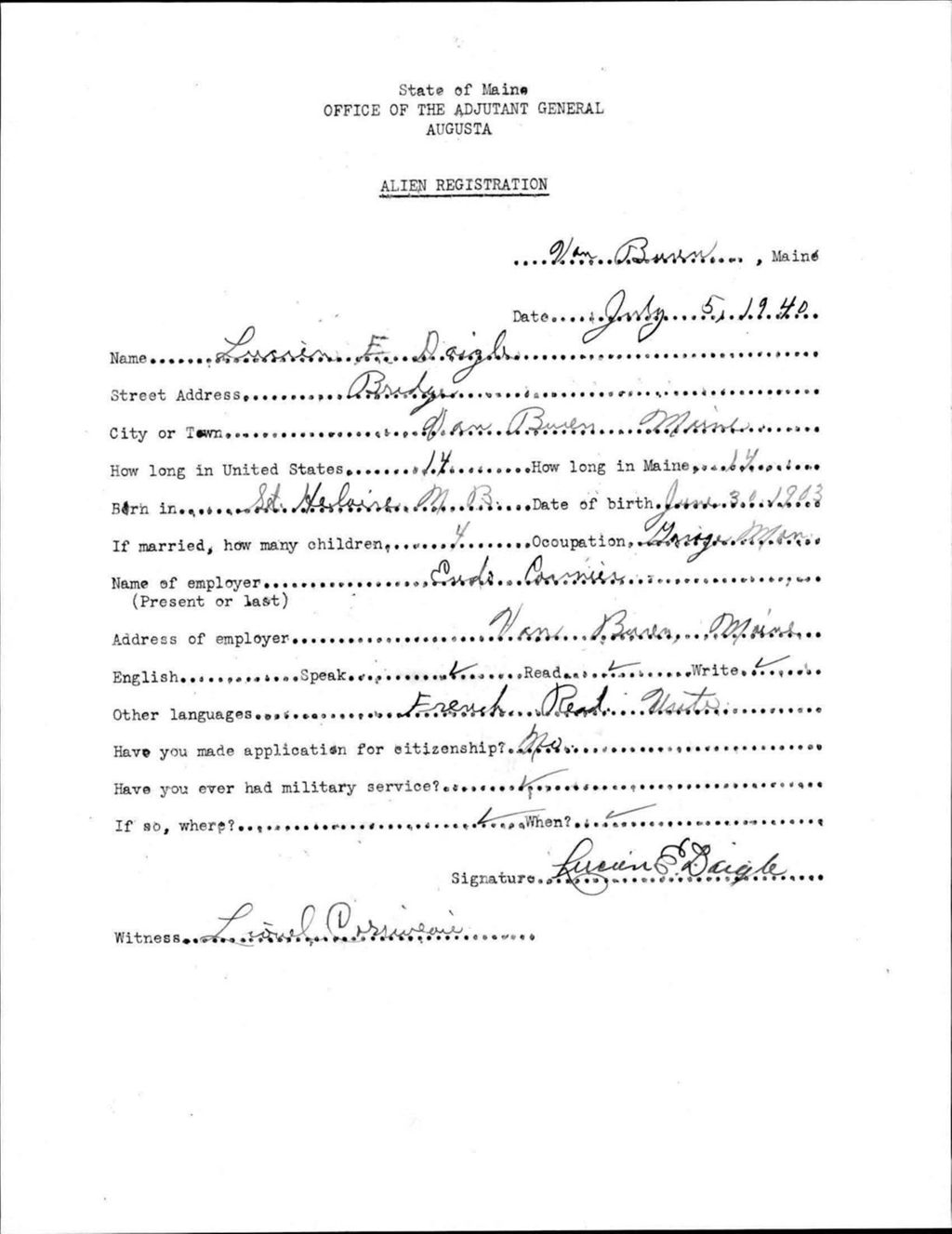 Miniature of Alien Registration- Daigle, Lucien E. (Van Buren, Aroostook County)