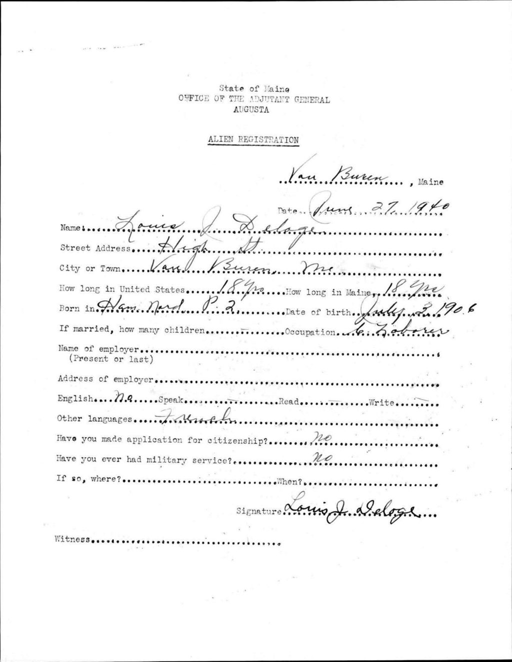 Miniature of Alien Registration- Delage, Louis J. (Van Buren, Aroostook County)