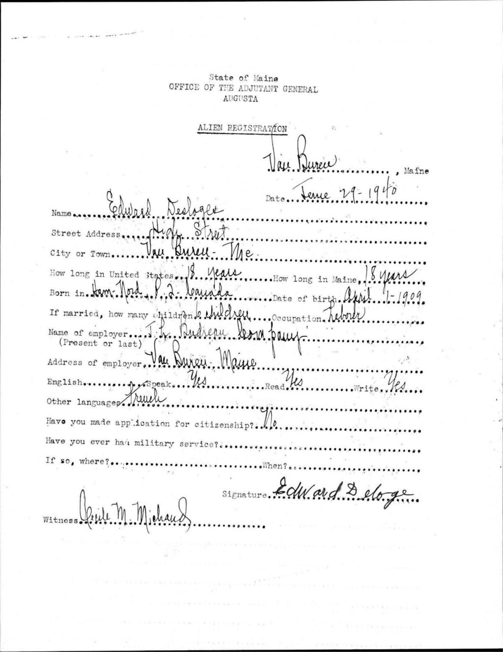 Miniature of Alien Registration- Desloges, Edward (Van Buren, Aroostook County)