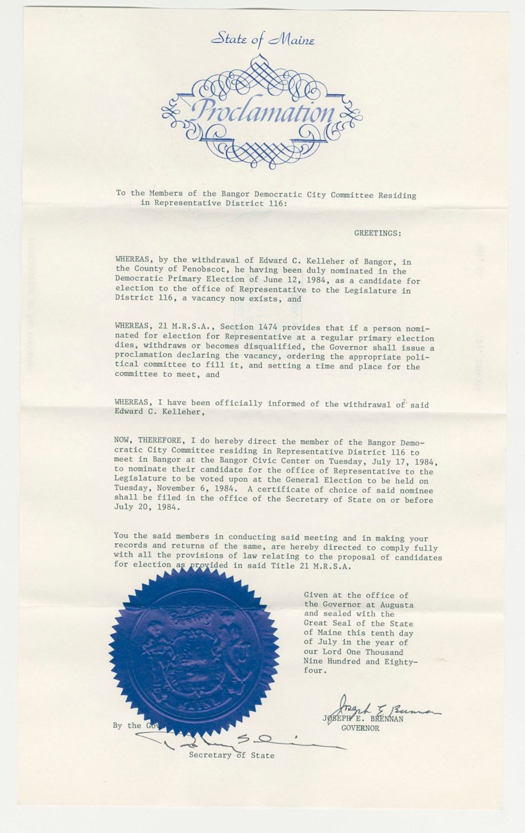 Miniature of Nomination for Election due to withdrawal of Edward C. Kelleher (Bangor)