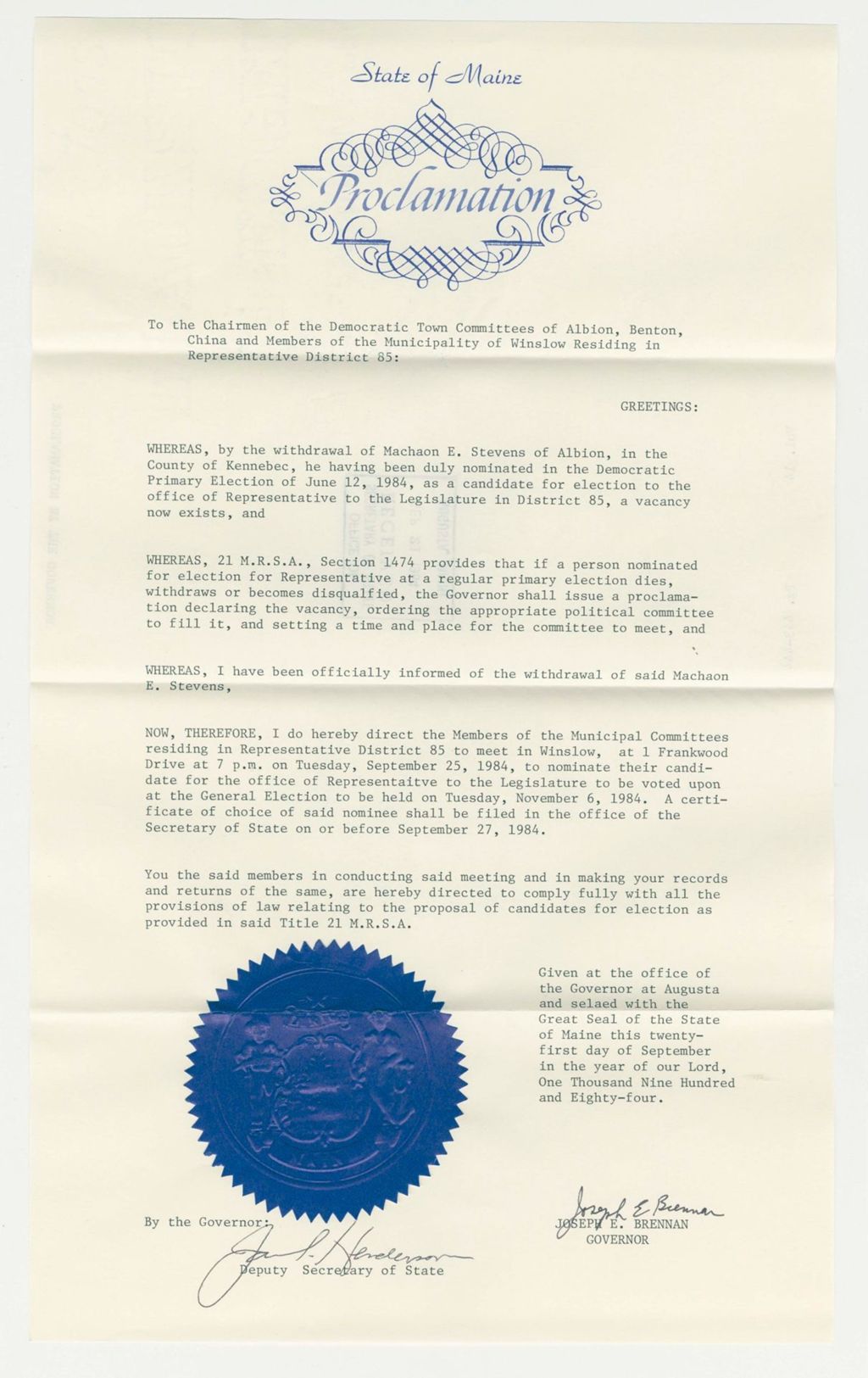 Miniature of Nomination for Election due to the withdrawal of Machaon E. Stevens (Albion)
