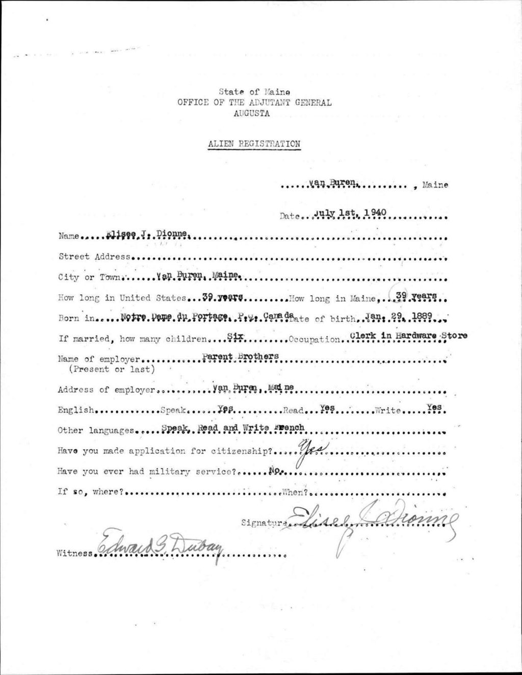 Miniature of Alien Registration- Dionne, Elisee J. (Van Buren, Aroostook County)