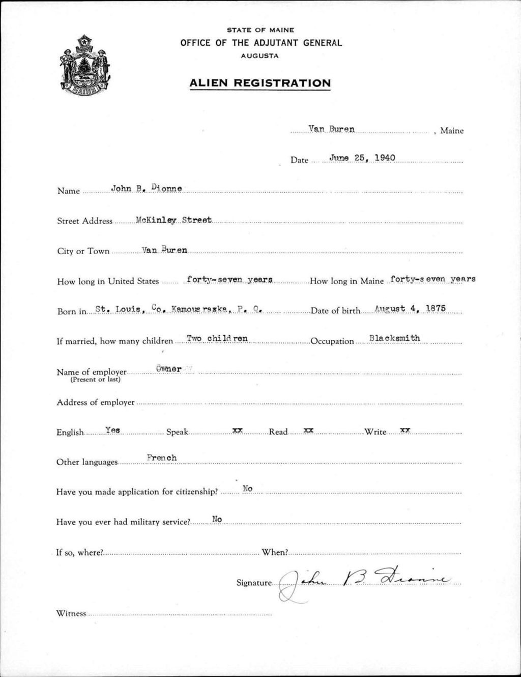 Miniature of Alien Registration- Dionne, John B. (Van Buren, Aroostook County)