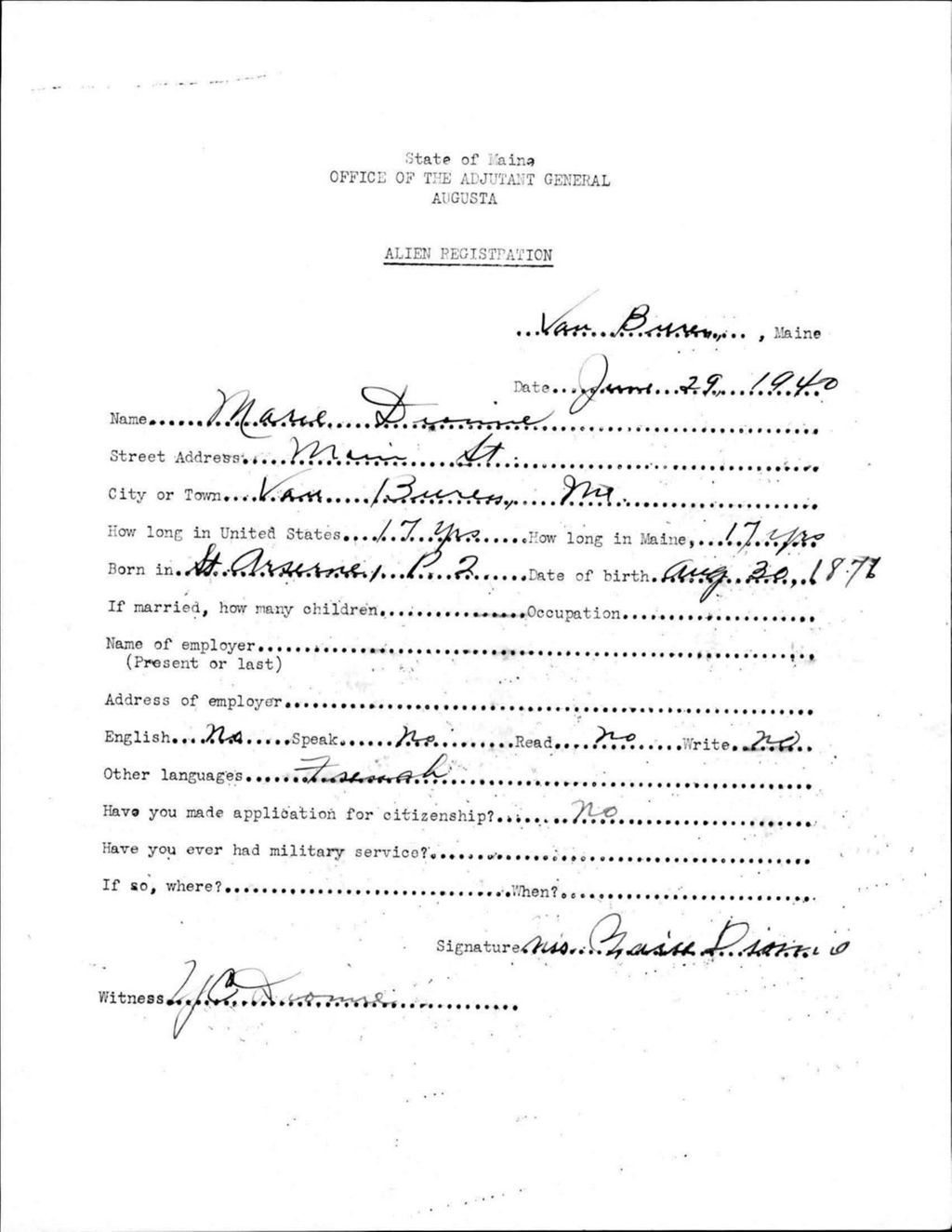 Miniature of Alien Registration- Dionne, Marie (Van Buren, Aroostook County)