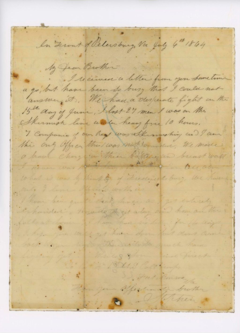 Miniature of Civil War letter from Stephen Boyden, of Robbinston, Maine. Company F, 1st Maine Calvary from Petersburg July 6, 1864.