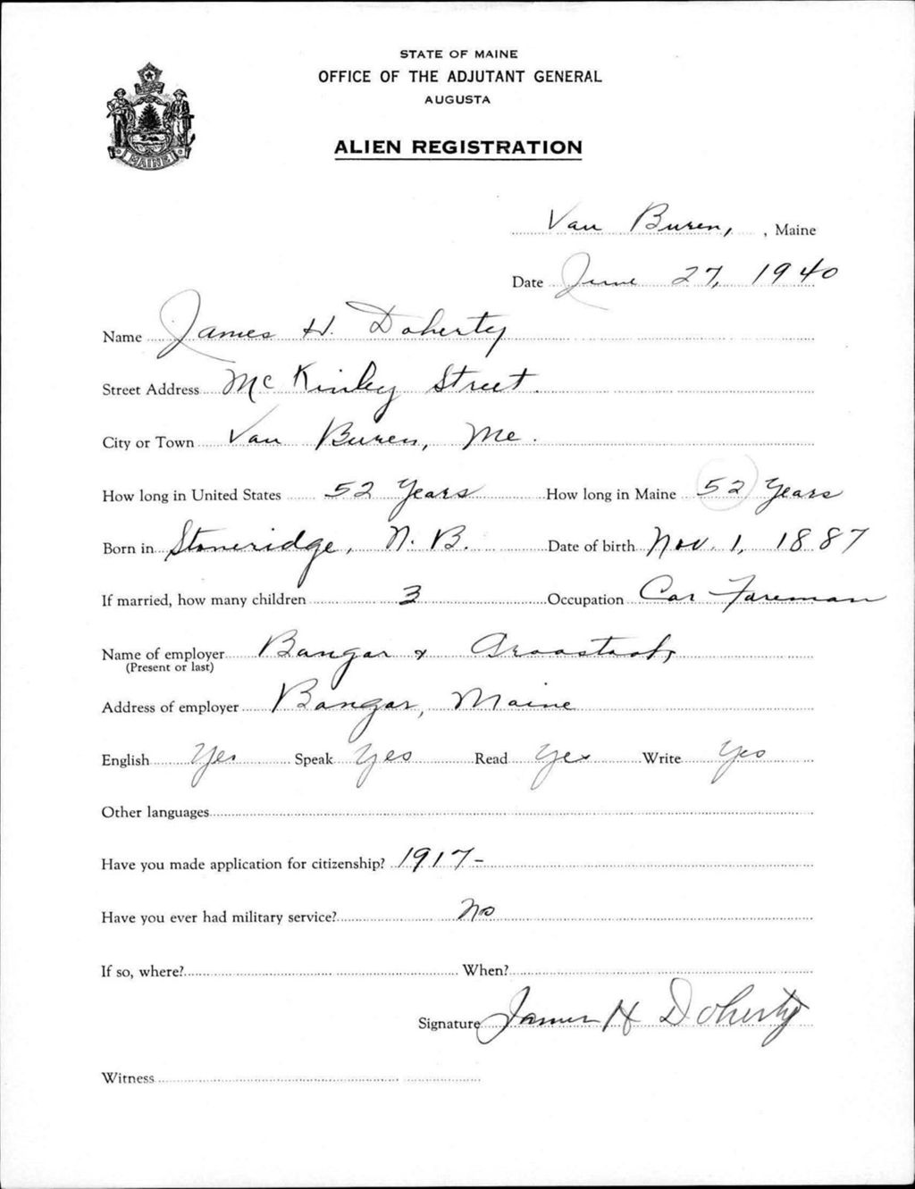 Miniature of Alien Registration- Doherty, James H. (Van Buren, Aroostook County)