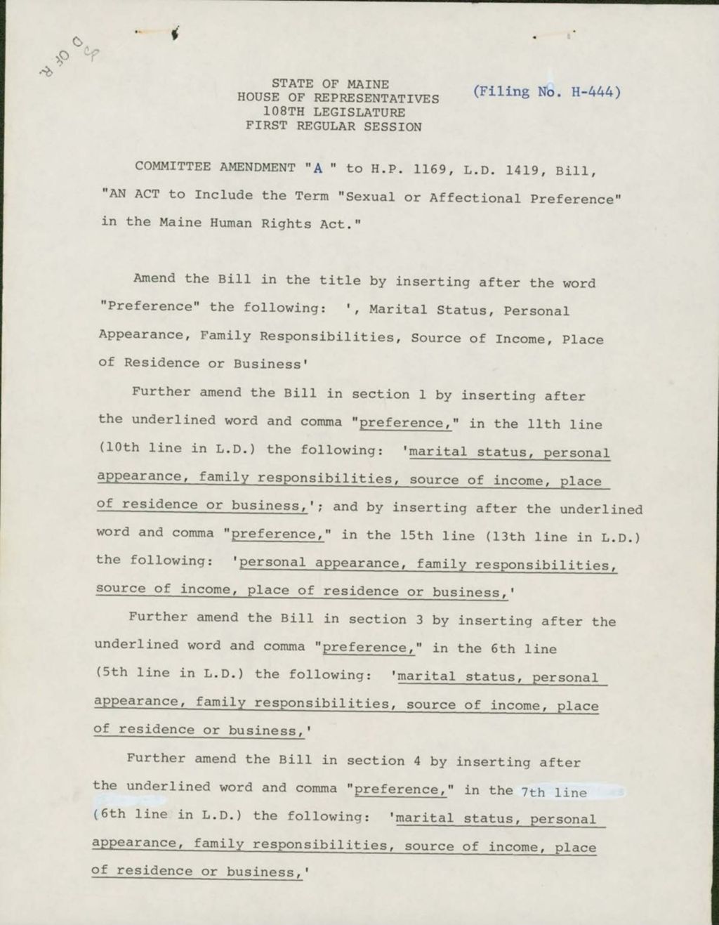 Miniature of H.P 1169/L.D.1419 "An ACT to Include the Term "Sexual or Affectional Preference" in the Maine Human Rights Act." House Report "C" ought to pass as amended by Committee Amendment"A"