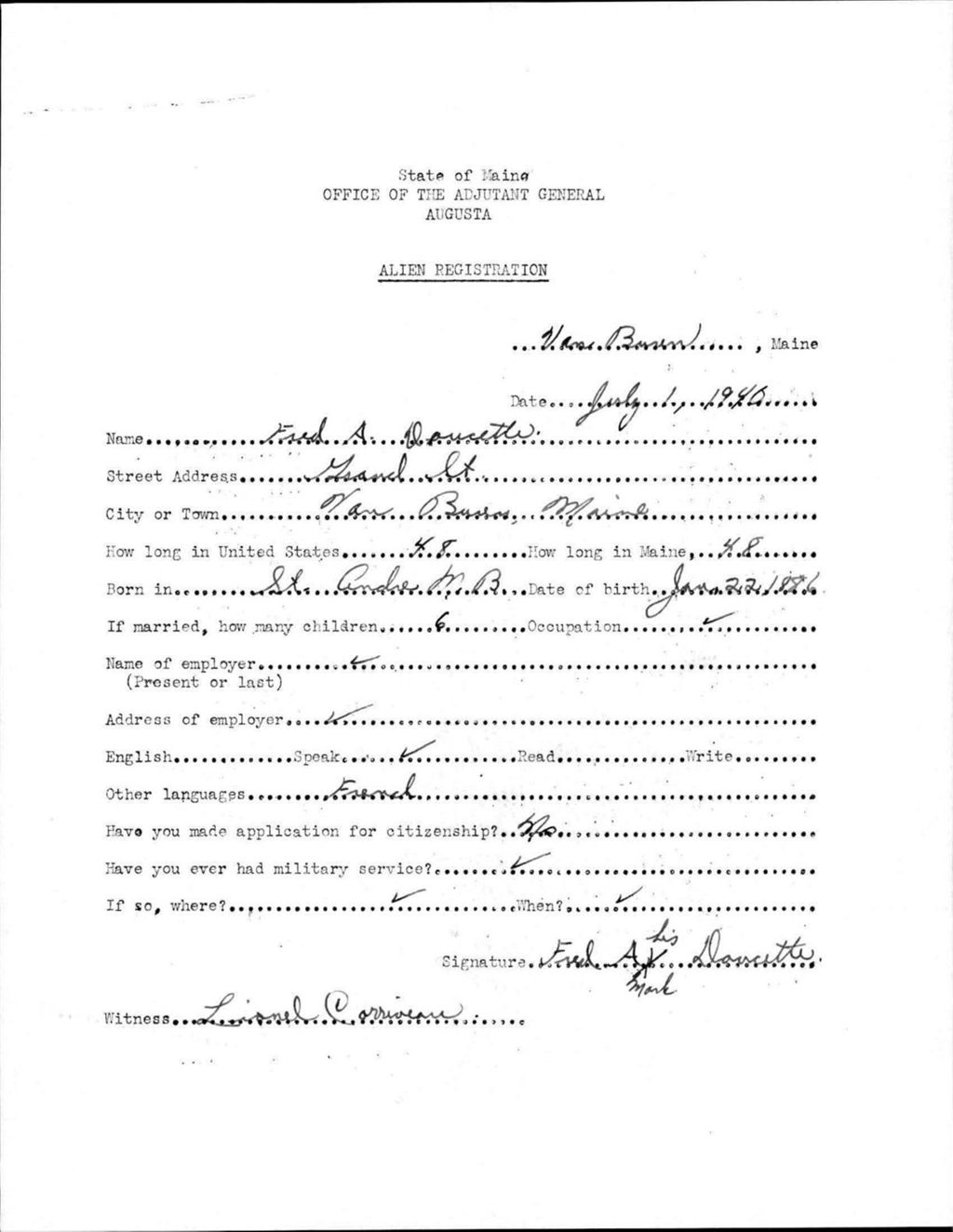 Miniature of Alien Registration- Doucette, Fred A. (Van Buren, Aroostook County)