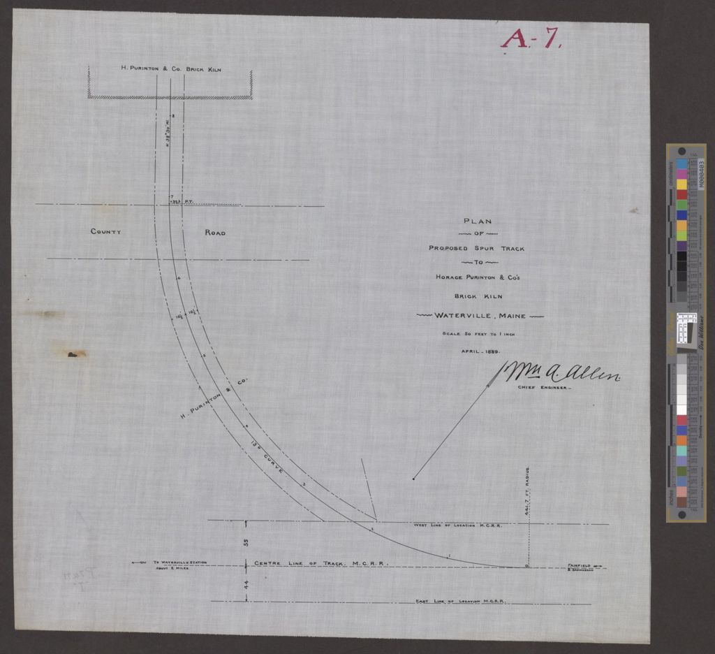 Miniature of Plan of Proposed Spur Track to Horace Purinton & Co's Brick Kiln, Waterville