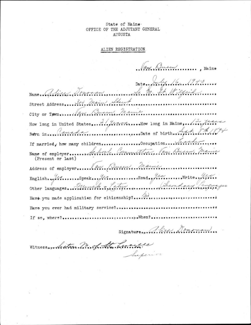 Miniature of Alien Registration- Donovan, Alice (Van Buren, Aroostook County)