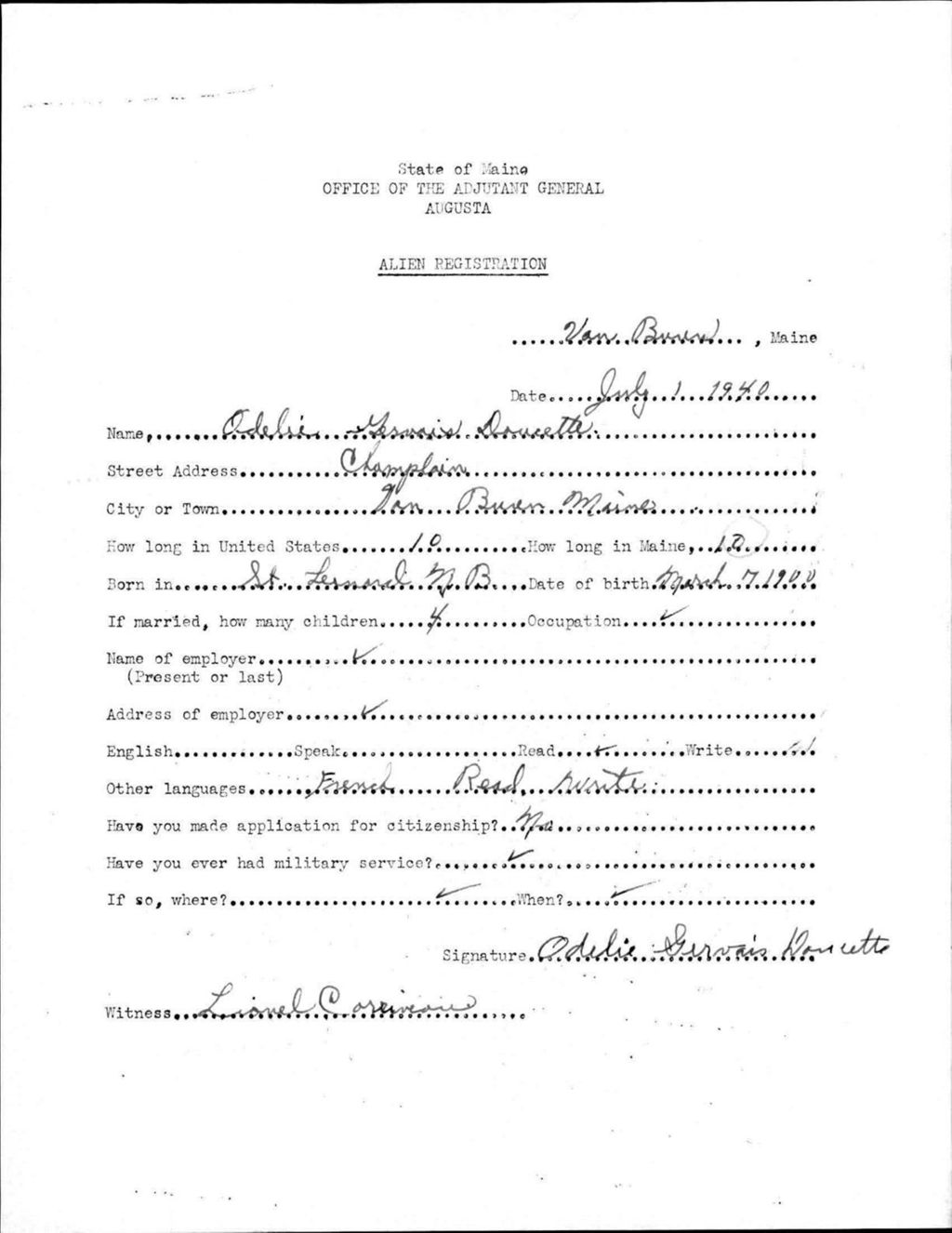 Miniature of Alien Registration- Gervais, Odelie (Van Buren, Aroostook County)