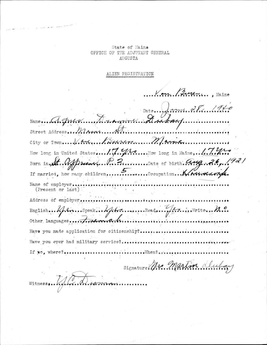 Miniature of Alien Registration- Dionne, Agnes (Van Buren, Aroostook County)
