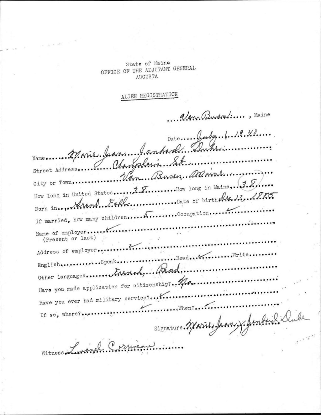 Miniature of Alien Registration- Janbard, Marie J. (Van Buren, Aroostook County)