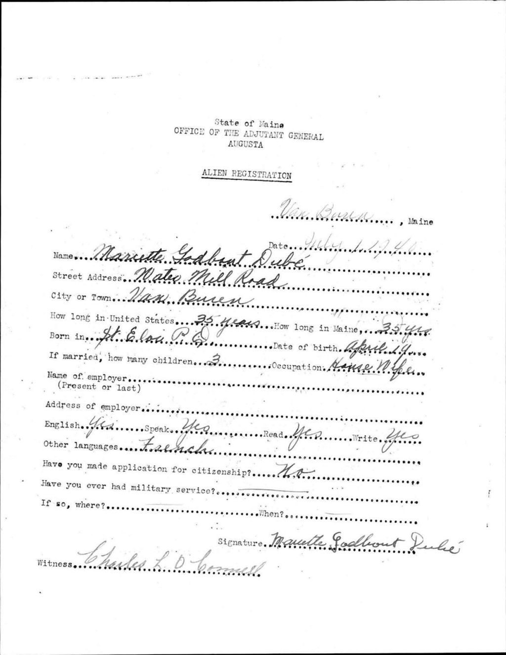 Miniature of Alien Registration- Godbout, Mauette (Van Buren, Aroostook County)