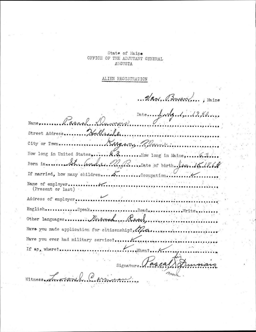 Miniature of Alien Registration- Dumais, Pascal (Van Buren, Aroostook County)