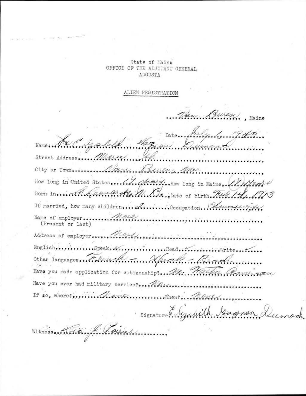 Miniature of Alien Registration- Gagnon, Elizabeth (Van Buren, Aroostook County)