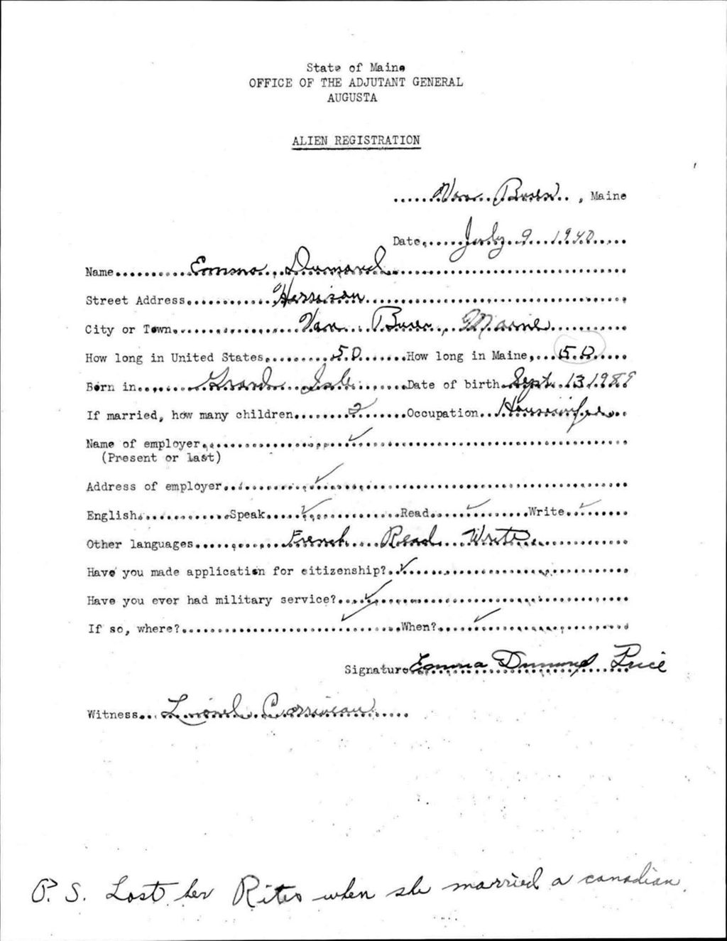 Miniature of Alien Registration- Dumond, Emma (Van Buren, Aroostook County)