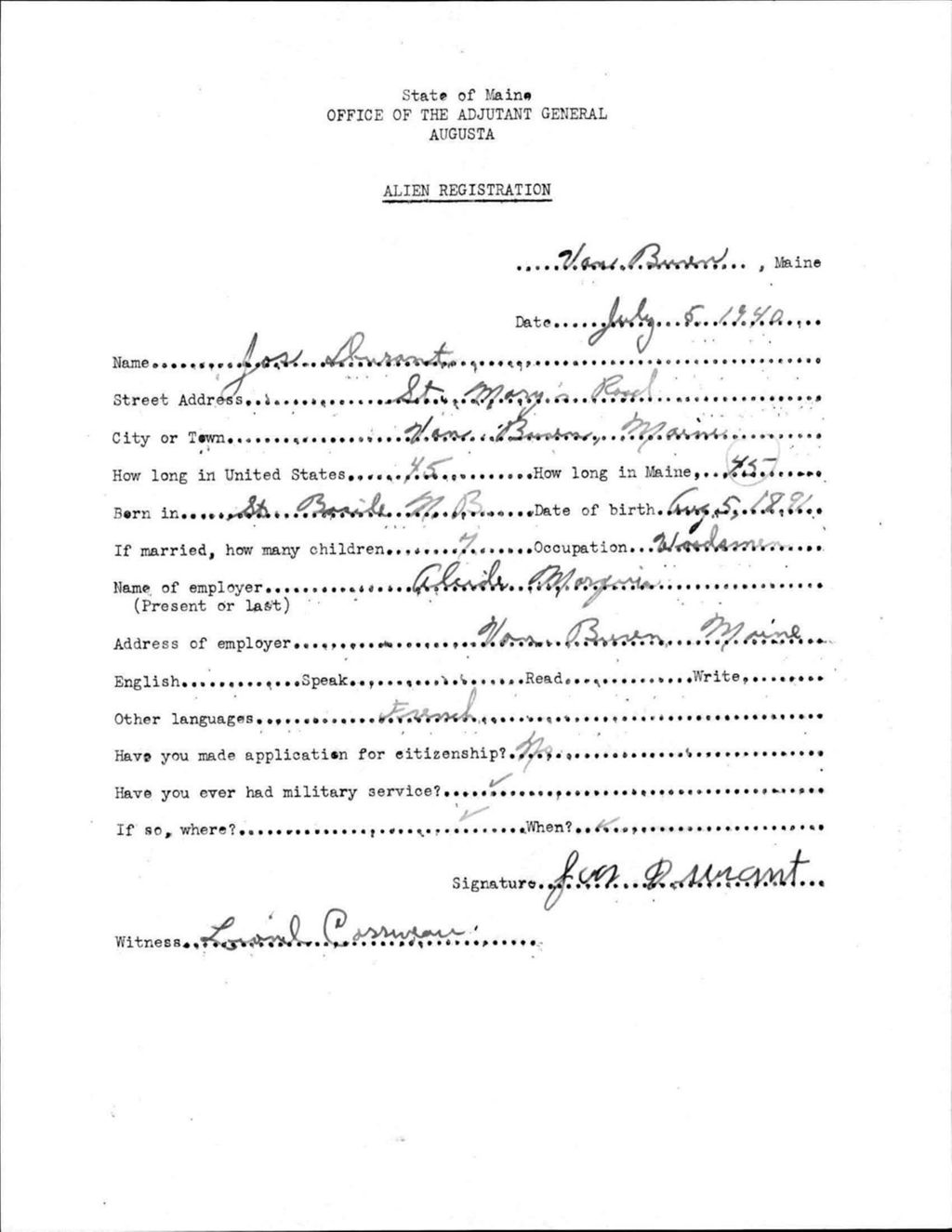 Miniature of Alien Registration- Durant, Joseph (Van Buren, Aroostook County)