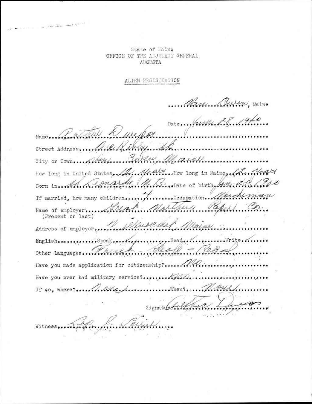 Miniature of Alien Registration- Durepos, Arthur (Van Buren, Aroostook County)
