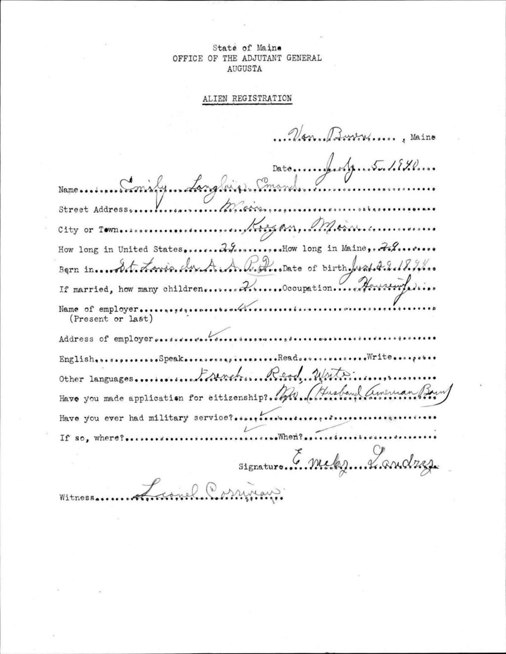 Miniature of Alien Registration- Langlois, Emily (Van Buren, Aroostook County)