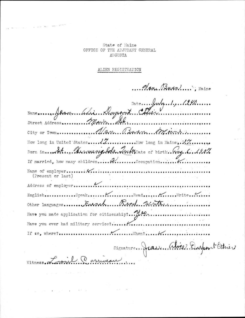 Miniature of Alien Registration- Dupont, Jean A. (Van Buren, Aroostook County)