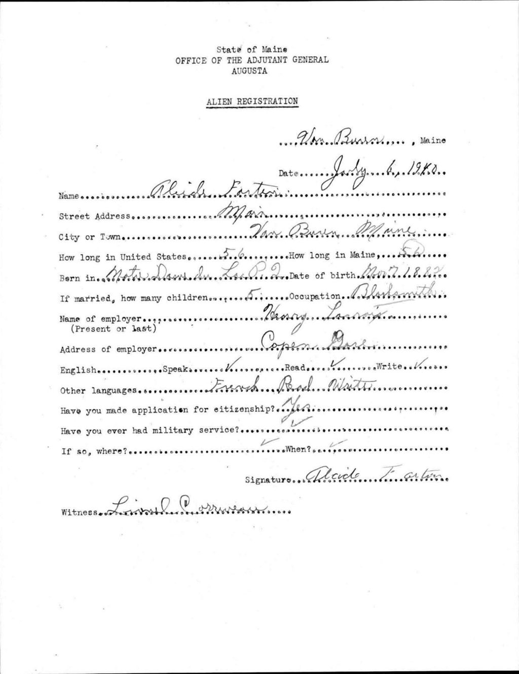 Miniature of Alien Registration- Fortin, Alcide (Van Buren, Aroostook County)