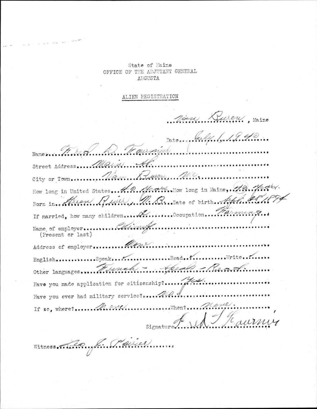 Miniature of Alien Registration- Fournier, Fred D. (Van Buren, Aroostook County)