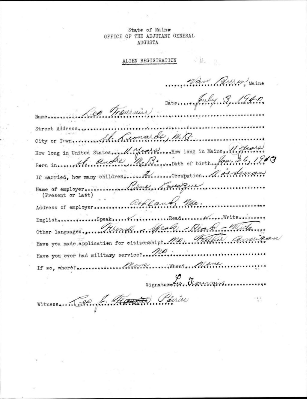 Miniature of Alien Registration- Fournier, Leo (Van Buren, Aroostook County)