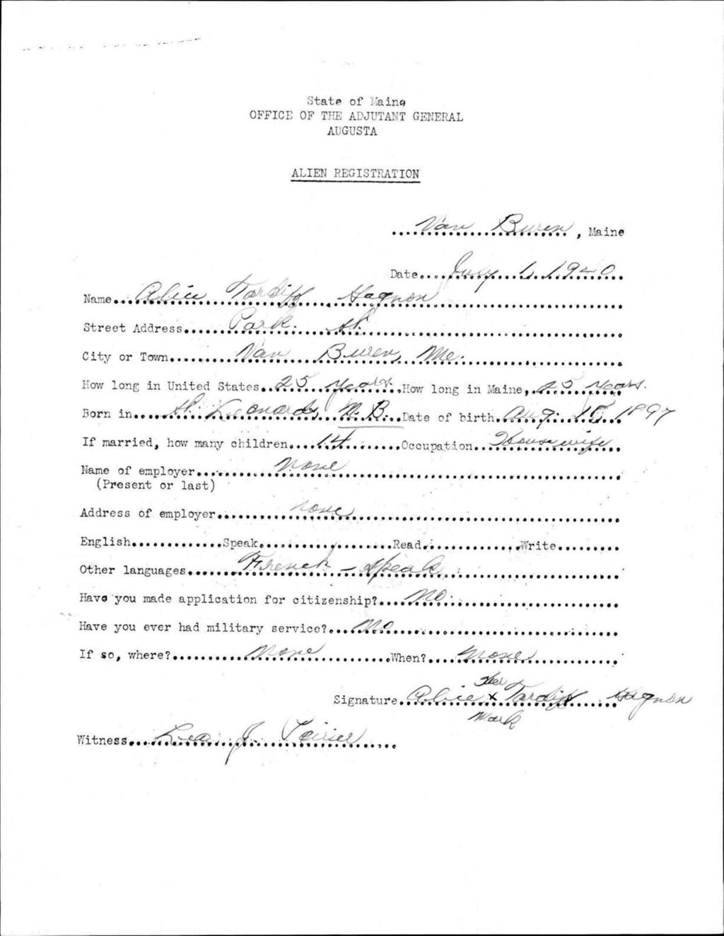 Miniature of Alien Registration- Tardiff, Alice (Van Buren, Aroostook County)