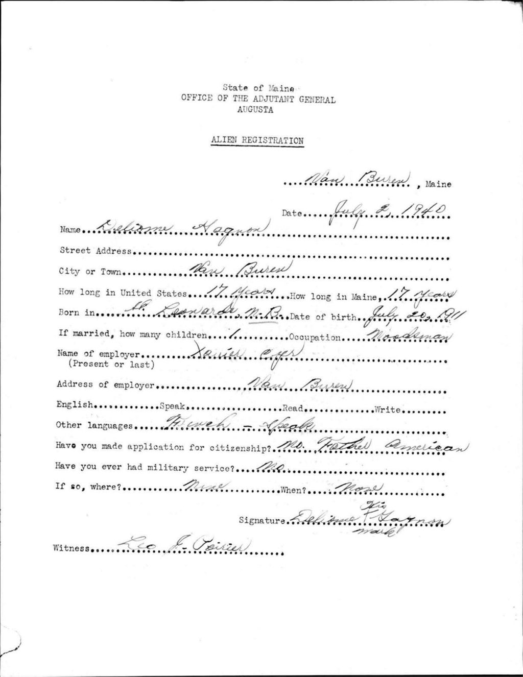 Miniature of Alien Registration- Gagnon, Delione (Van Buren, Aroostook County)