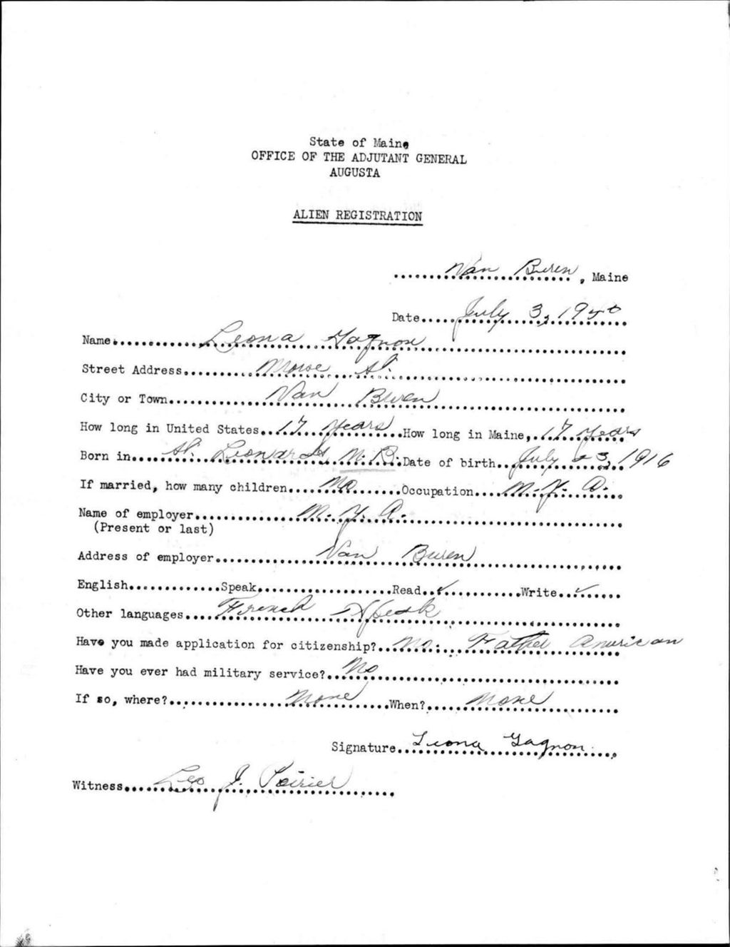 Miniature of Alien Registration- Gagnon, Leona (Van Buren, Aroostook County)