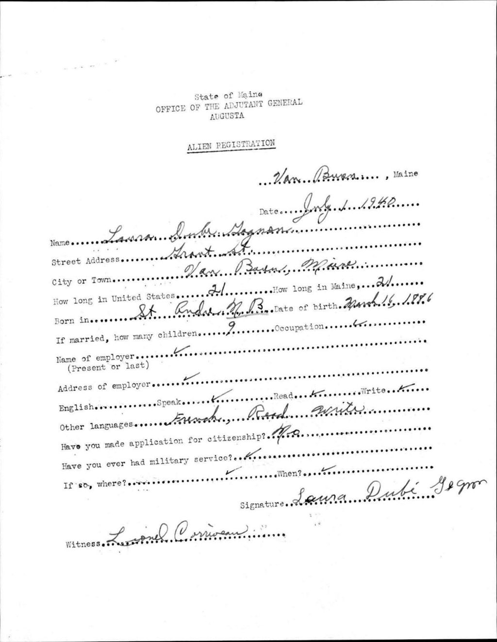 Miniature of Alien Registration- Dube, Laura (Van Buren, Aroostook County)
