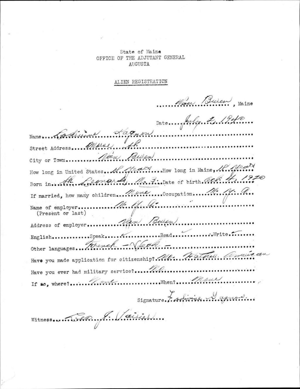 Miniature of Alien Registration- Gagnon, Ladivine (Van Buren, Aroostook County)