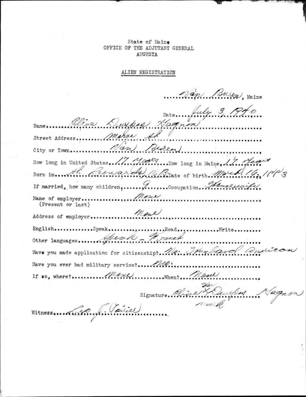 Miniature of Alien Registration- Durepos, Olive (Van Buren, Aroostook County)