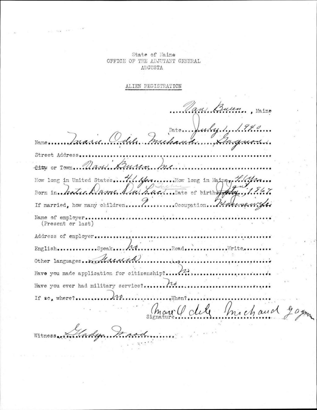 Miniature of Alien Registration- Michaud, Marie O. (Van Buren, Aroostook County)