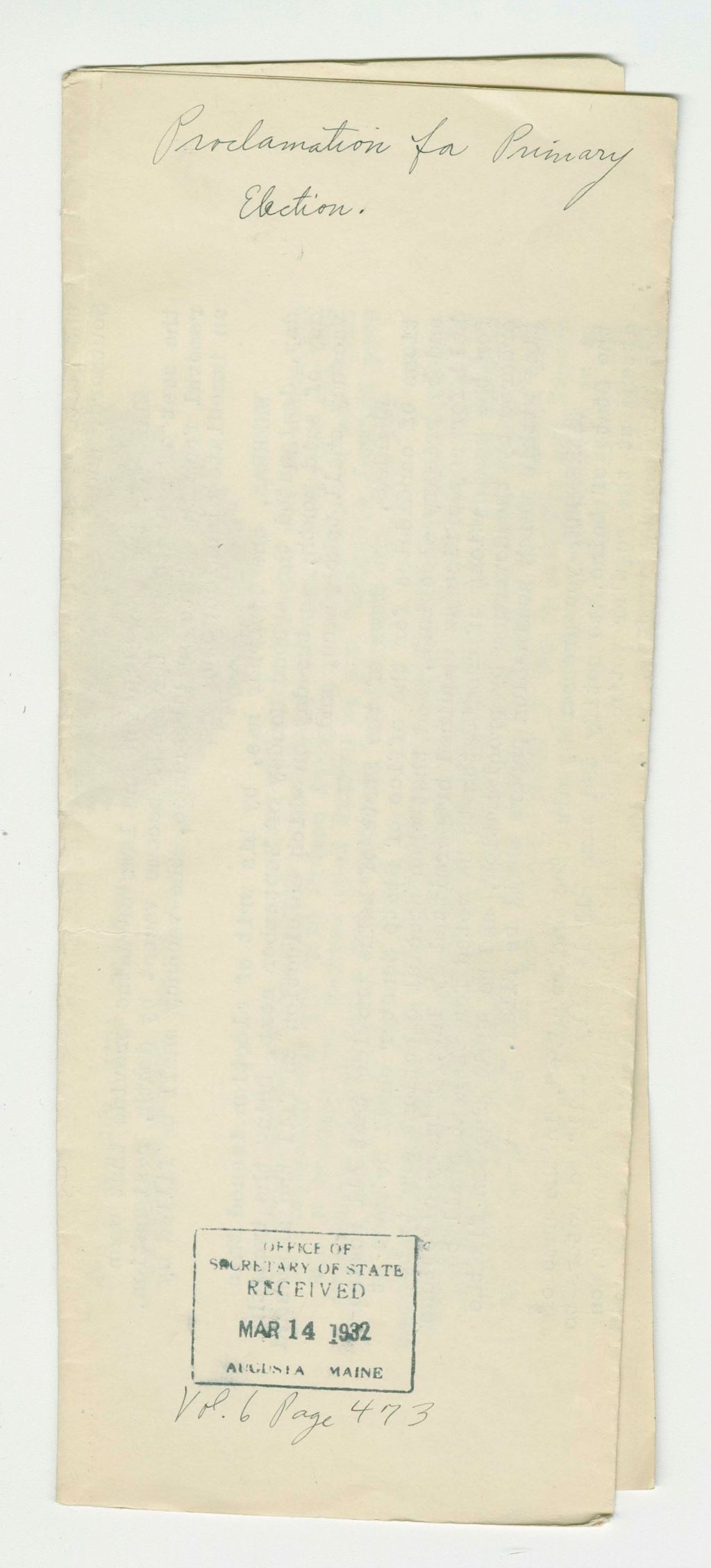 Miniature of Proclamation for Primary Election