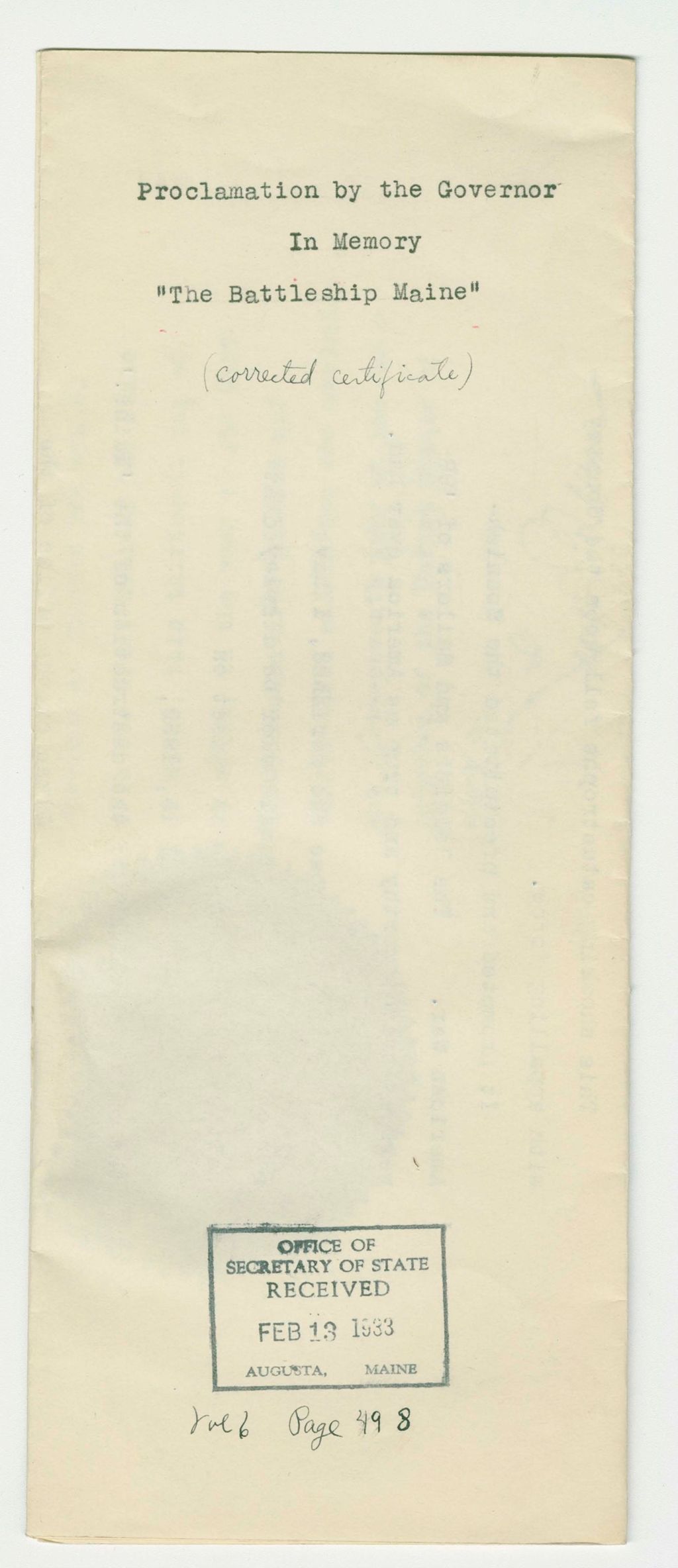 Miniature of In Memory "The Battleship Maine" (corrected certificate)