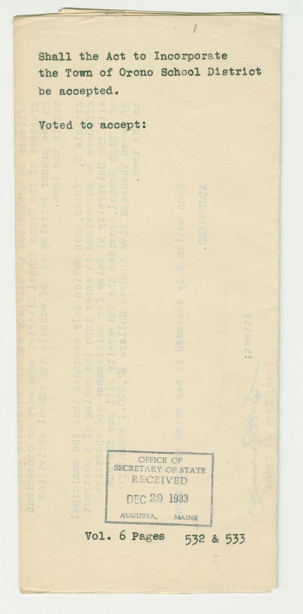 Miniature of Shall the Act to Incorporate the Town of Orono School District be accepted