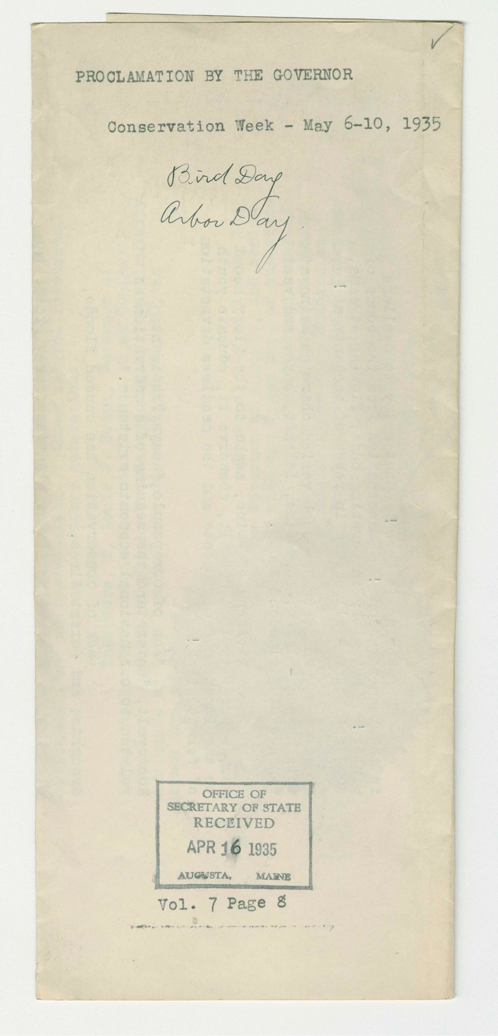 Miniature of Proclamation for Conservation Week (Bird Day and Arbor Day)
