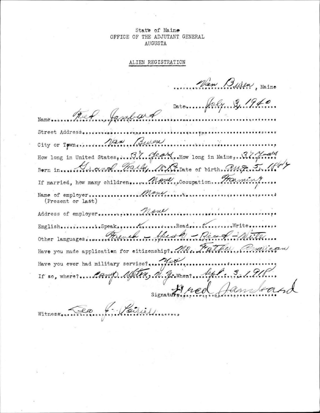 Miniature of Alien Registration- Jambard, Fred (Van Buren, Aroostook County)