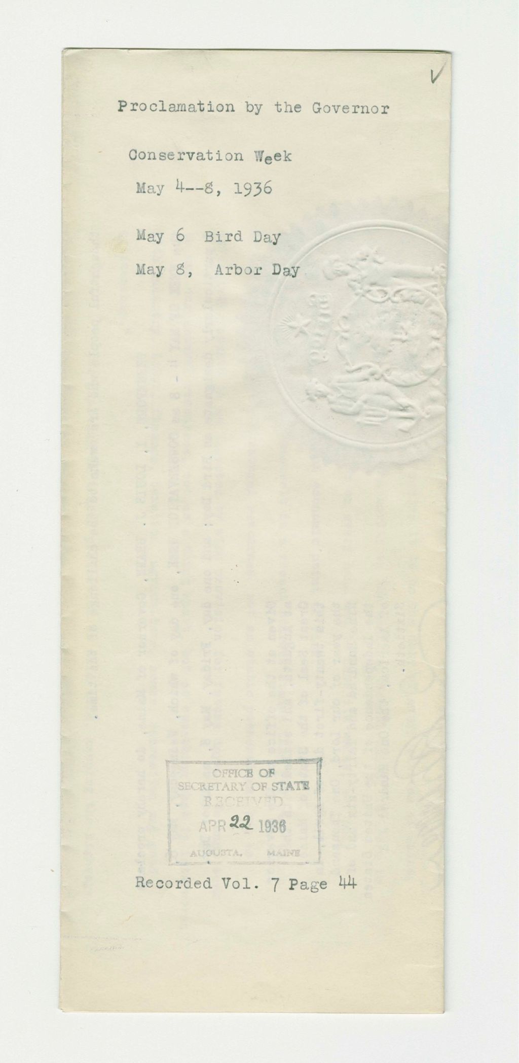 Miniature of Conservation Week Proclamation (Bird Day/ Arbor Day)