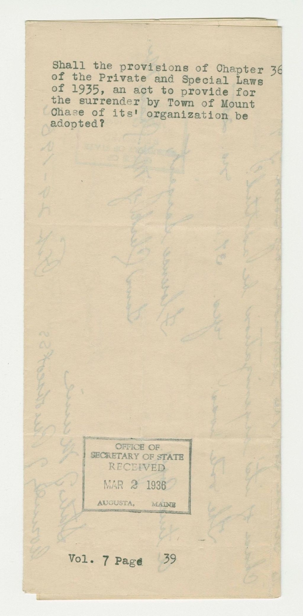 Miniature of Shall an act to provide for the surrender by Town of Mount Chase of its' organization be adopted?