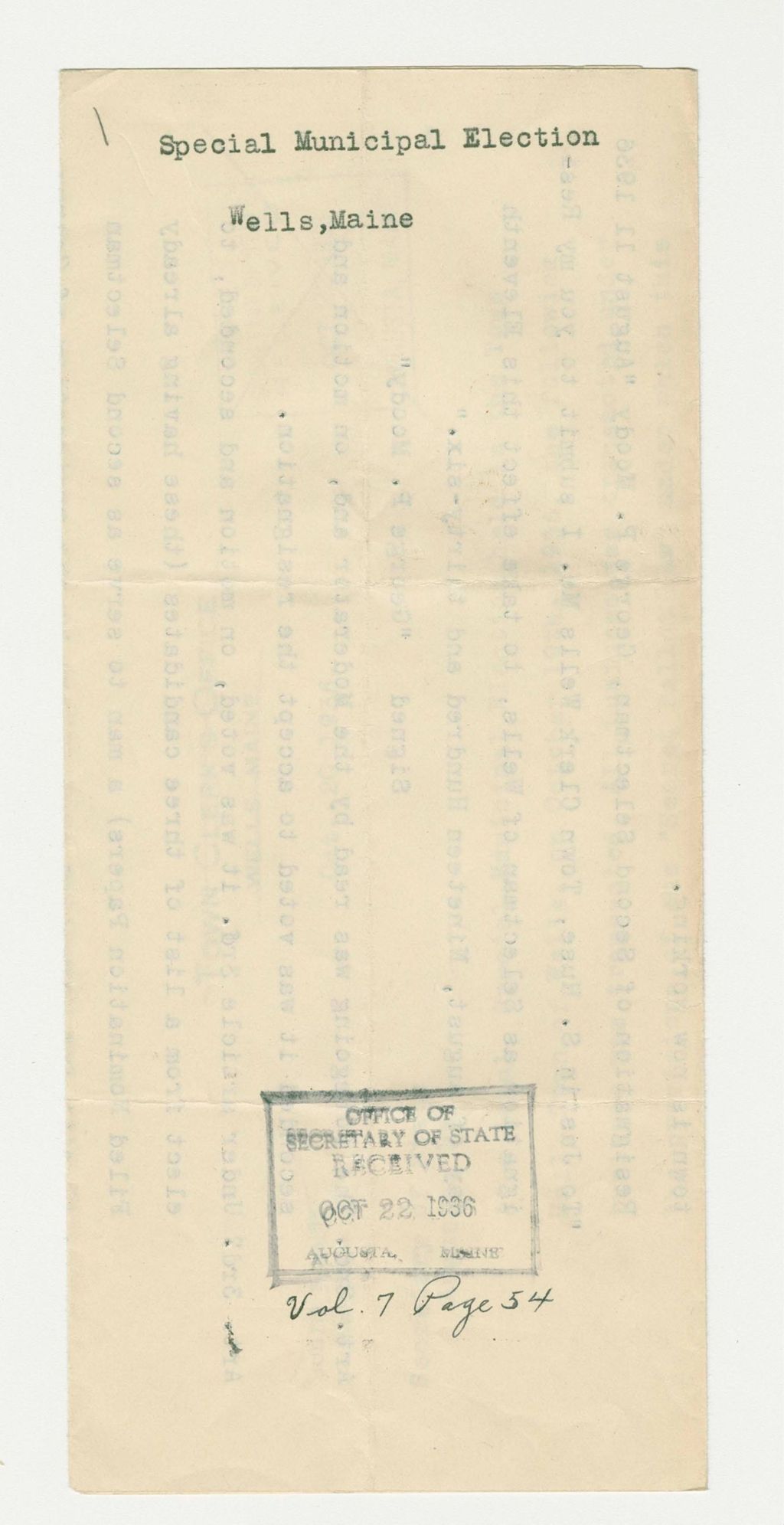Miniature of Special Municipal Election Wells, Maine